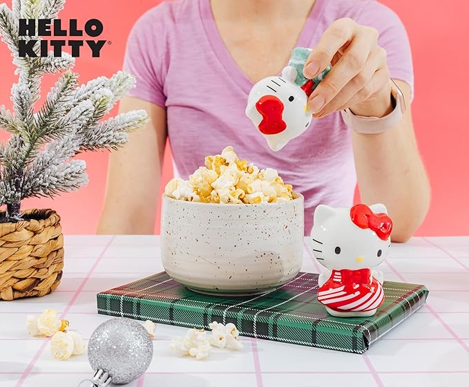 Silver Buffalo Sanrio Hello Kitty 3D Sculpted Festive Christmas Tree and Candy Cane Holiday Salt and Pepper Shaker Set