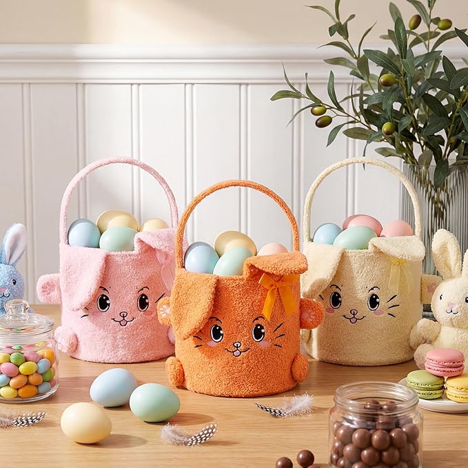 Mimorou 3 Pack Easter Basket Soft Plush Bunny Sherpa Personalized Bucket with Rabbit Ears Decorative Bow Large Bunny Tote Bags Ideal for Egg Hunt, Party Favors(Orange Pink and Yellow)