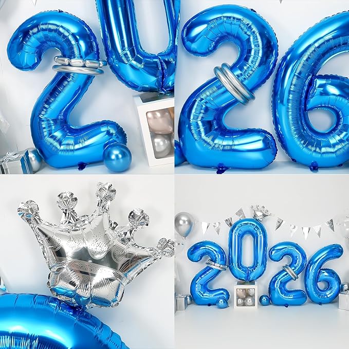 2026 Balloons Blue,40 Inch 2026 Number Balloons with Foil Crown Balloons for Happy New Year Decorations New Years Eve 2026 Graduation Decorations Class of 2026 Party Supplies