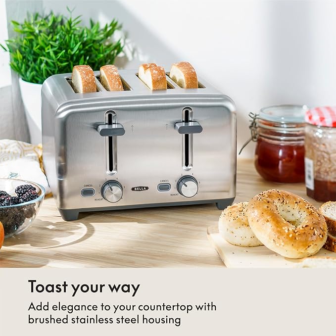 bella 4 Slice Toaster with Auto Shut Off, Extra Wide Slots and Removable Drop-Down Crumb Tray with Cancel and Reheat Function, For Texas Toast, Large Bread & Bagel, Stainless Steel