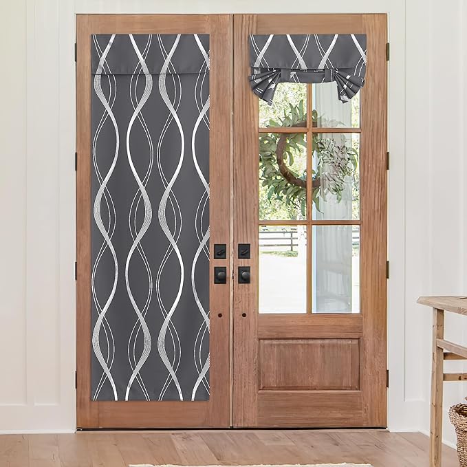 NICETOWN Blackout Door Curtains for Glass Window, Foil Printed French Door Blinds Tie Up Shade Window Covering for Basement Bedroom Livingroom, Grey, W26 X L72, 1 Panel