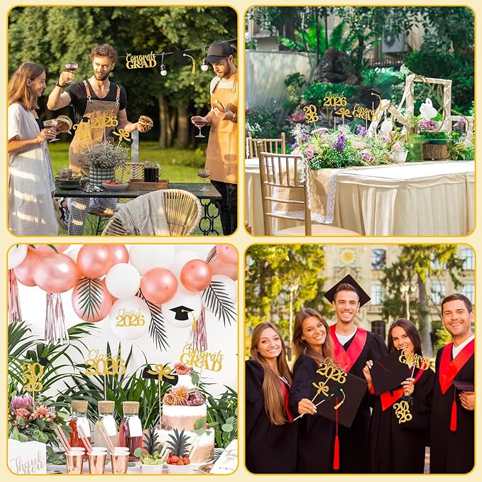 Graduation Decorations 2026, 20 PCS Sparkling Black and Gold Double-Sided Centerpiece Sticks for Tables, Class of 2026 Table Toppers and Party Supplies