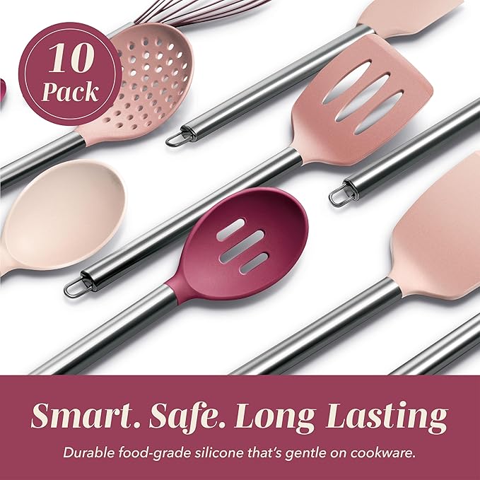 COOK WITH COLOR Silicone Cooking Utensils, Kitchen Utensil Set, Easy to Clean Silicone Kitchen Utensils, Cooking Utensils for Nonstick Cookware, Kitchen Gadgets Set, 10 Pieces, Rose