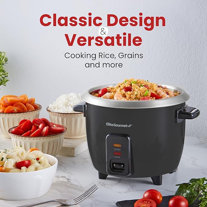Elite Gourmet ERC003BX Electric Rice Cooker with Automatic Keep Warm Makes Soups, Stews, Grains, Hot Cereals, 6 Cups Cooked (3 Cups Uncooked), Black
