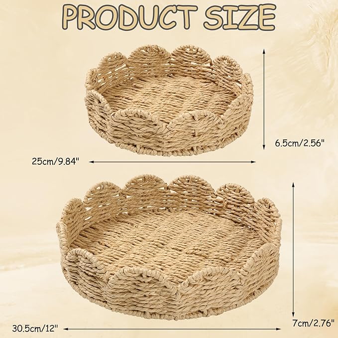 Scalloped Basket Set of 2 - Round Rattan Tray, Wicker Serving Tray, Round Woven Tray for Home Decor, Scallop Basket Table Trays for Decor, Water Hyacinth Woven Rattan Baskets for Organizing