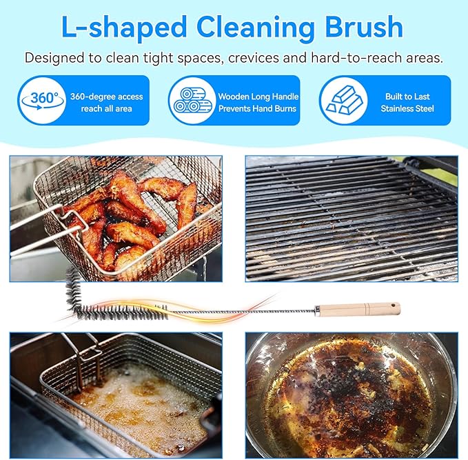 4-Piece Professional Deep Fryer Cleaning Kit - Commercial Stainless Steel Set with Dual-Layer Basket Brush, 3-in-1 Grill Scraper, L-Shape Brush & Drain Wand