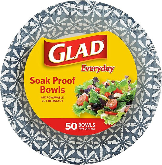 Glad Round Disposable Paper Bowls, Blue Mosaic Design - Heavy Duty, Soak-Proof, Cut-Resistant, Microwavable Paper Bowls for All Foods, Daily Use, and Special Occasions, 16 oz, 50 Count