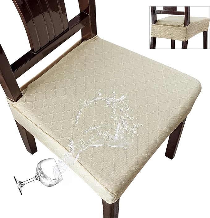 Genina Waterproof Seat Covers for Chairs,Set of 6 Dining Room Chair Seat Covers for Kitchen,Stretch Jacquard Removable Washable Dining Chair Slipcovers Protectors with Rear Covers, Beige