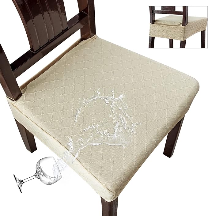 Genina Waterproof Seat Covers for Chairs,Set of 4 Dining Room Chair Seat Covers for Kitchen,Stretch Jacquard Removable Washable Dining Chair Slipcovers Protectors with Rear Covers, Beige