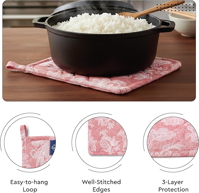 Encasa XO Heat Resistant 100% Cotton Oven Glove & Potholder Set with Loop, Kitchen Cooking Mittens, Microwave Safe Hot Pads (Floral Red)