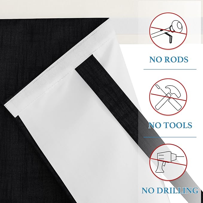 RYB Home 100% Blackout Door Curtains for Classroom, Linen Textured Privacy Easy Blinds Shades for Nana Entrance Way Glass/French Door, W 26 x L 40 inches, Textured Black, 1 Panel