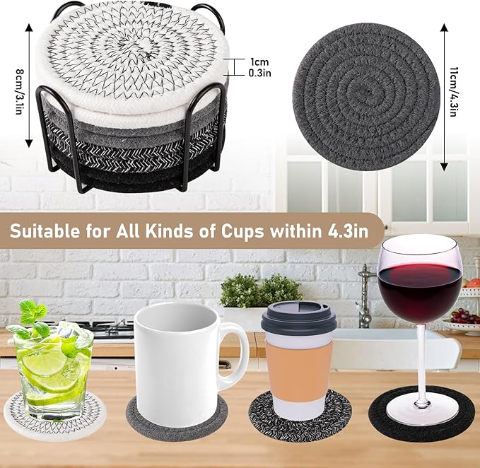 OIAHOMY 8 Pcs Coasters with Holder for Beer, Coffee, Woven Cotton Coaster Set for Table Decor for Kitchen, Bar, Dining Room, Living Room, Housewarming Gifts - Black