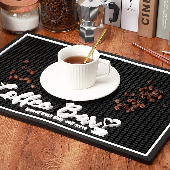 Potchen Coffee Bar Mat for Countertop 18x12 Inch, Non Slip PVC Spill Pad, Black Coffee Station Drip Mat for Espresso Machine, Kitchen Counter Accessories