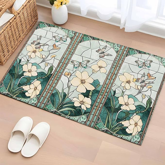 Area Rug 2x3ft, Spring Flower Colorful Butterfly Washable Rugs for Living Room Bedroom, Vintage Green Plant Soft Non-Slip Area Rugs Rectangle Floor Carpet for Dining Room