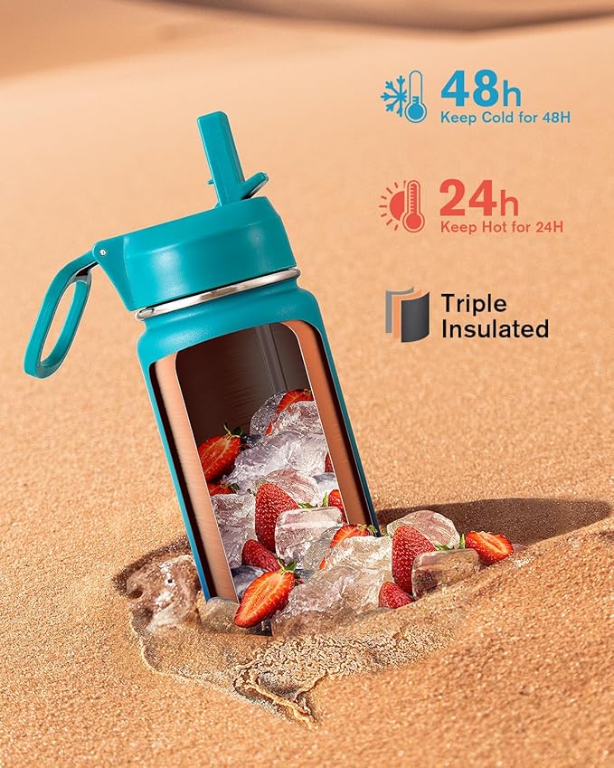 Coolflask Water Bottle 24 oz Insulated with Straw, Stainless Steel Metal 3 Lids Water Flask Wide Mouth for Sports or Office, Non-BPA Keep Cold Up to 48 Hrs or Hot Up to 24 Hrs, Indigo Blue