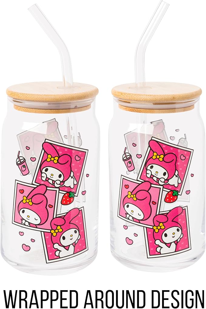 Silver Buffalo Sanrio Hello Kitty and Friends My Melody Polaroids Glass Jar Tumbler with Bamboo Lid and Glass Straw, 16 Ounces (Pack of 12)