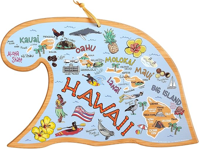 Totally Bamboo Hawaii State Shaped Cutting Board and Charcuterie Serving Platter with Artwork by Fish Kiss, Includes Hang Tie for Wall Display