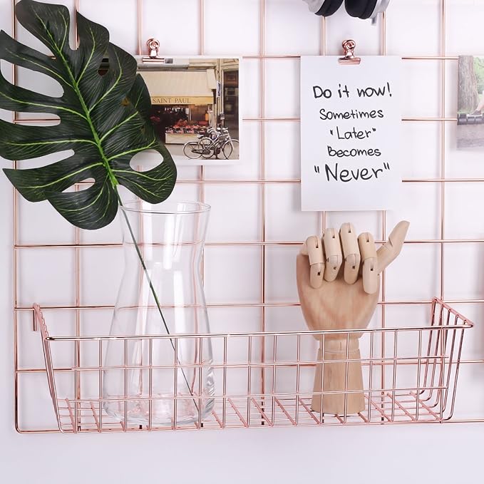 Hanging Grid Basket for Wire Wall Panel,, Multifunction Wall Storage Display Decorative Basket, Size 15.5"x5.3"x3.9", Rose Gold