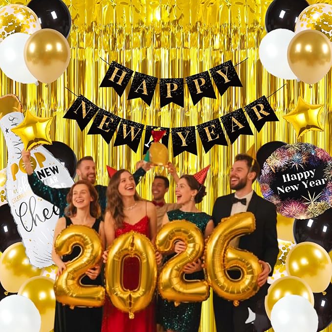 New Year Decorations 2026, Happy New Years Supplies 2026 Balloons Decoration Kit with Balloon Happy New Year Banner Foil Balloons Fringe Curtain for NYE Backdrop Decorations