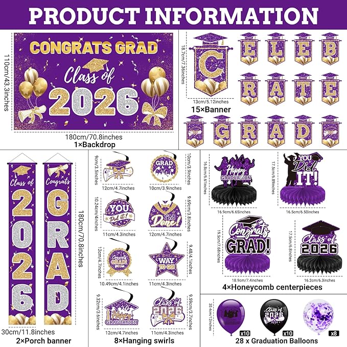 Purple 2026 Graduation Party Decor Kit-Includes Backdrop, Banner, Balloons, Hanging Ornaments & Honeycomb Decorations for Class of 2026 -Full Set for High School and University Graduation Events