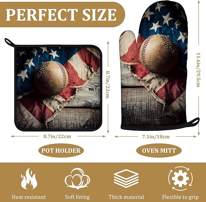 Vintage American Flag Baseball Oven Mitts and Pot Holders Sets 4Pcs Silicone Kitchen Gloves Heat Resistant Potholders for Baking Cooking Grilling BBQ
