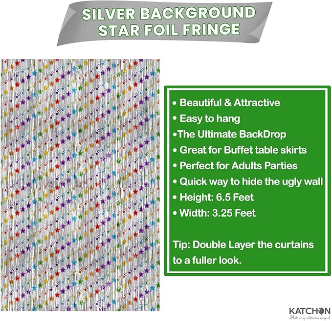 KatchOn, Star Silver Foil Fringe Curtains – Pack of 2 | Silver Fringe Backdrop for Birthday, Labor Day Decorations, Graduation Decorations 2026 | Star Streamers for Rainbow, Space Party Decoration