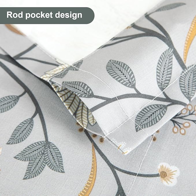 Leeva Tie Up Valances for Windows, Grey Flower Print Adjustable Short Window Treatments, Light Filtering Kitchen Curtains Valances for Living Room Bedroom, 52 x 18, One Panel