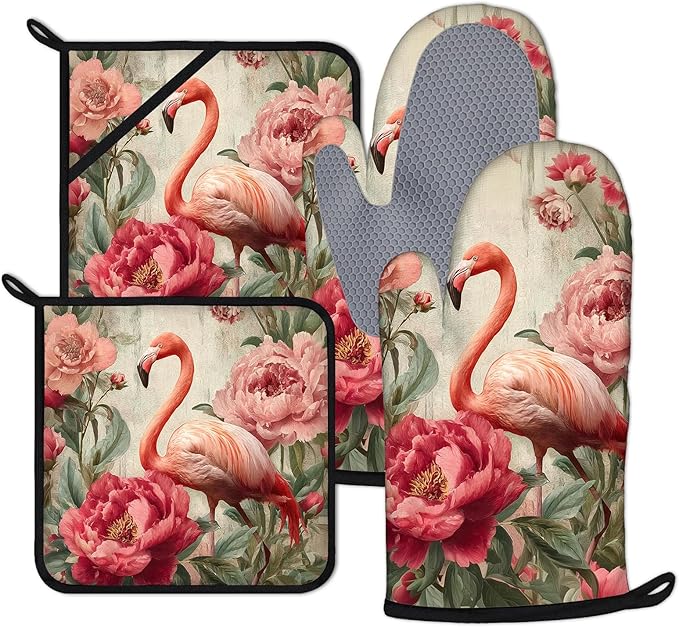Pink Flamingo Floral Oven Mitts and Pot Holders Sets 4Pcs Vintage Animal Silicone Kitchen Gloves Heat Resistant Potholders for Baking Cooking Grilling BBQ