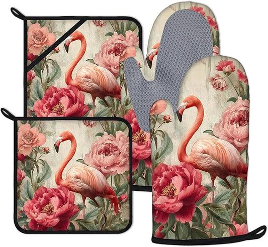 Pink Flamingo Floral Oven Mitts and Pot Holders Sets 4Pcs Vintage Animal Silicone Kitchen Gloves Heat Resistant Potholders for Baking Cooking Grilling BBQ