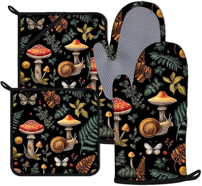 Black Mushroom Snail Oven Mitts and Pot Holders Sets 4Pcs Cute Plants Silicone Kitchen Gloves Heat Resistant Potholders for Baking Cooking Grilling BBQ