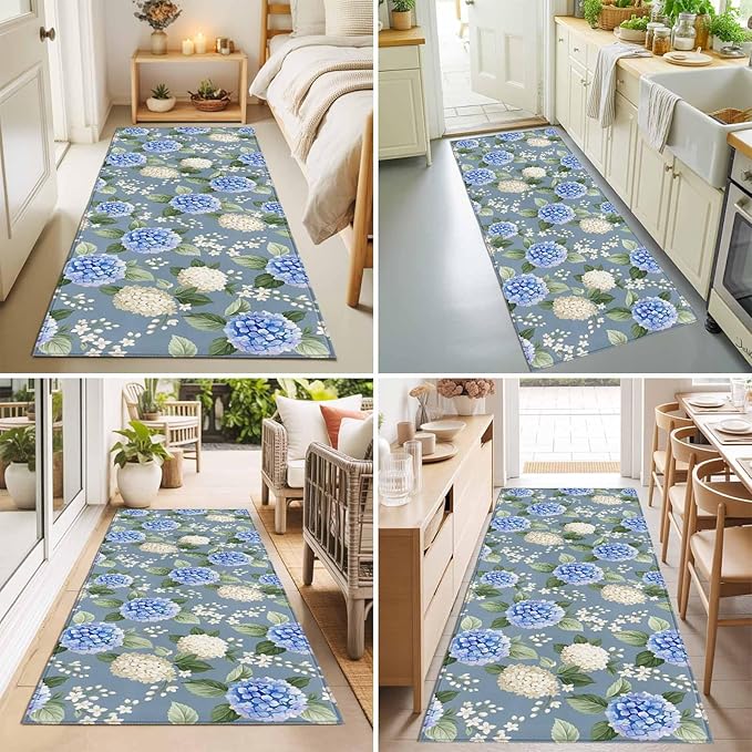 Runner Rug for Bedroom Hallway, Watercolor Purple White Hydrangea Kitchen Runner Rugs Area Rug 2x6ft, Spring Flower on Gray Blue Washable Soft Floor Carpet for Entryway Stair