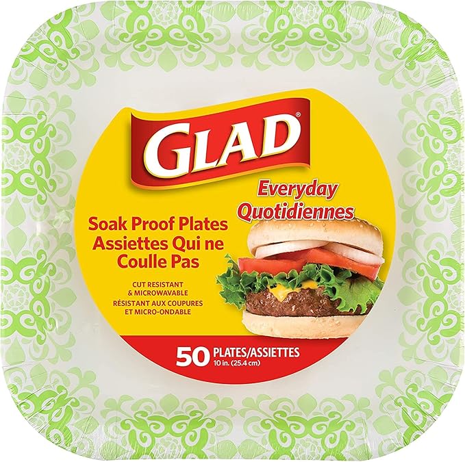 Glad Square Heavy Duty Paper Plates, Soak Proof and Cut Proof Disposable Plates for Parties and Everyday Meals, Microwaveable for Easy Serving, Green Victorian Pattern, 10 Inch, 50 Count - 6 Pack