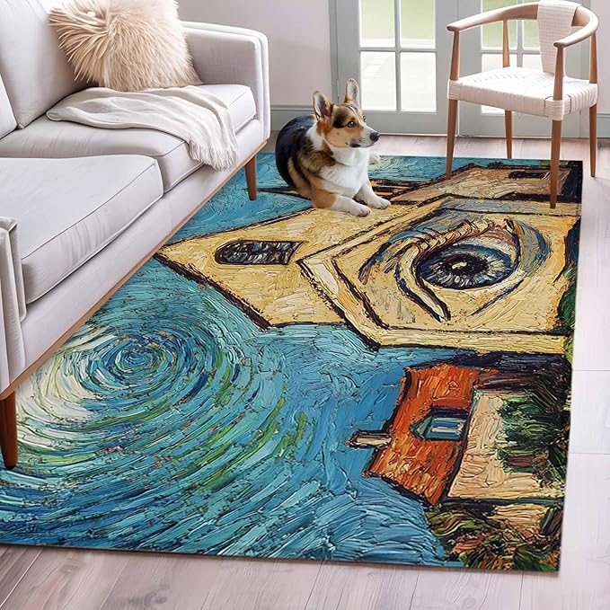 Area Rug 4x6ft, Abstract Farmhouse Starry Night Eye Washable Rugs for Living Room Bedroom, Rustic Oil Painting Art Soft Non-Slip Area Rugs Rectangle Floor Carpet for Dining Room