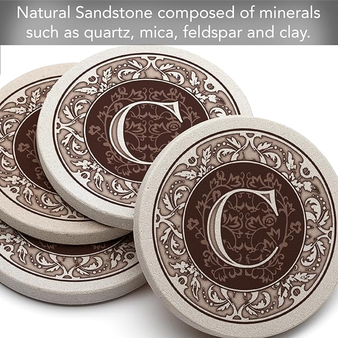 Thirstystone Monogram Letter C Absorbent Sandstone Coaster 4 Pack Made in The USA Decorative, Absorbent, Easily Wipes Clean