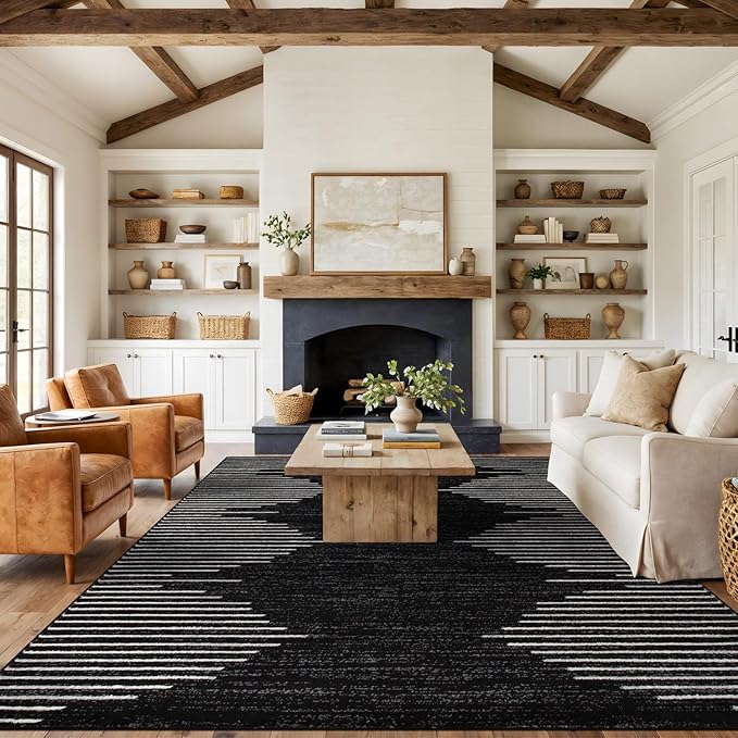 Rugshop Bohemian Stripe Stain Resistant Carpet High Traffic Living Room Kitchen Bedroom Dining Room Large Areas Basement Open Spaces Area Rug 8' x 10' Black