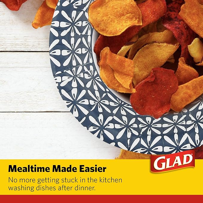 Glad Round Disposable Paper Bowls, Blue Mosaic Design - Heavy Duty, Soak-Proof, Cut-Resistant, Microwavable Paper Bowls for All Foods, Daily Use, and Special Occasions, 16 oz, 50 Count