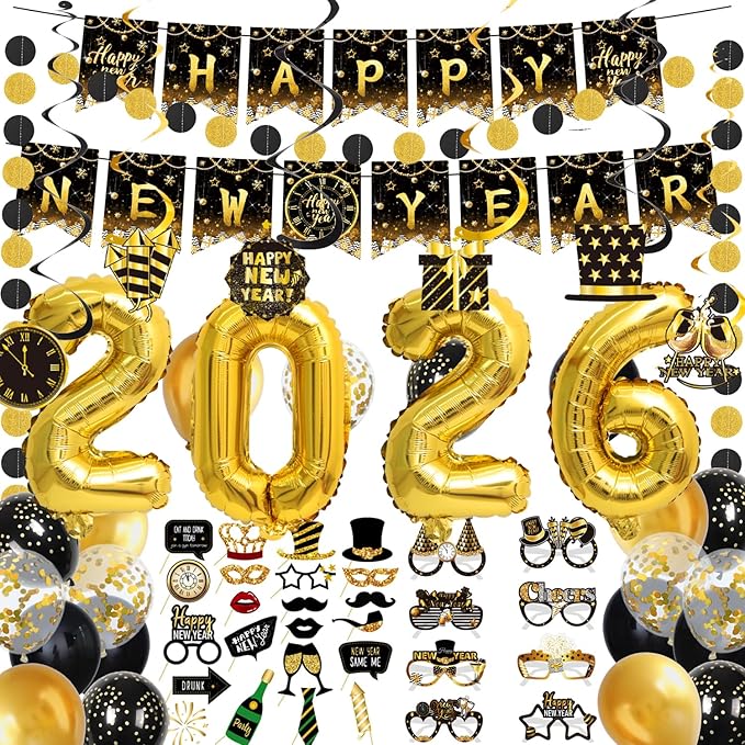 63 Pieces New Years Eve Party Supplies 2026 , Happy New Year Banner,Paper Glasses,Paper Photo Props,Hanging Swirls,Black Gold Circle Dots Garland and 2026 Foil balloons for New Years Party Decorations