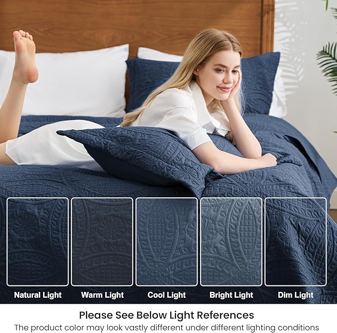 Love's cabin California King Size Quilt Bedding Set Navy Bedspreads - Cal King Summer Lightweight Bedspread Comforter - Coin Pattern Coverlet for All Season - 3 Pieces (1 Quilt, 2 Pillow Shams)