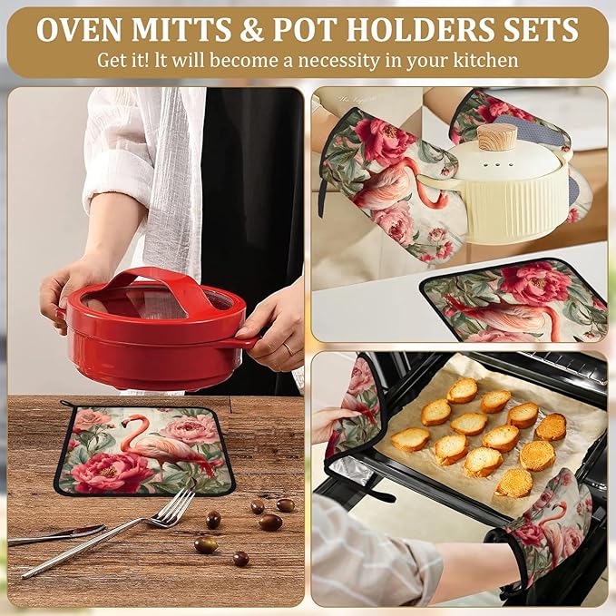 Pink Flamingo Floral Oven Mitts and Pot Holders Sets 4Pcs Vintage Animal Silicone Kitchen Gloves Heat Resistant Potholders for Baking Cooking Grilling BBQ