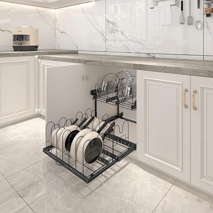 TQVAI Pots and Pans Organizer, Full-Extension Pull Out Cabinet Organizer, Slide Out Drawers for Kitchen Cabinets with Adjustable Dividers, Request at Least 23.5" W x 23.5" D x 23.5" H OpeningBlack