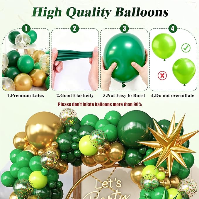 Green and Gold Balloons Garland Arch Kit with Stars Different Shade Green Balloons for Birthday 2026 Graduation Baby Shower Junle Safari Dinosaur Party Anniversary Decorations