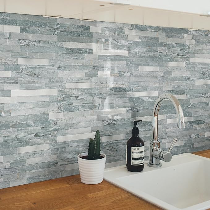 Yipscazo 1 Sheet Peel and Stick Stone Metal Tile Backsplash, Stick on Tiles for Backsplash Kitchen, Bathroom, Laundry Room, Camper, Fireplace (12'' X 12'', Polished Cyan)