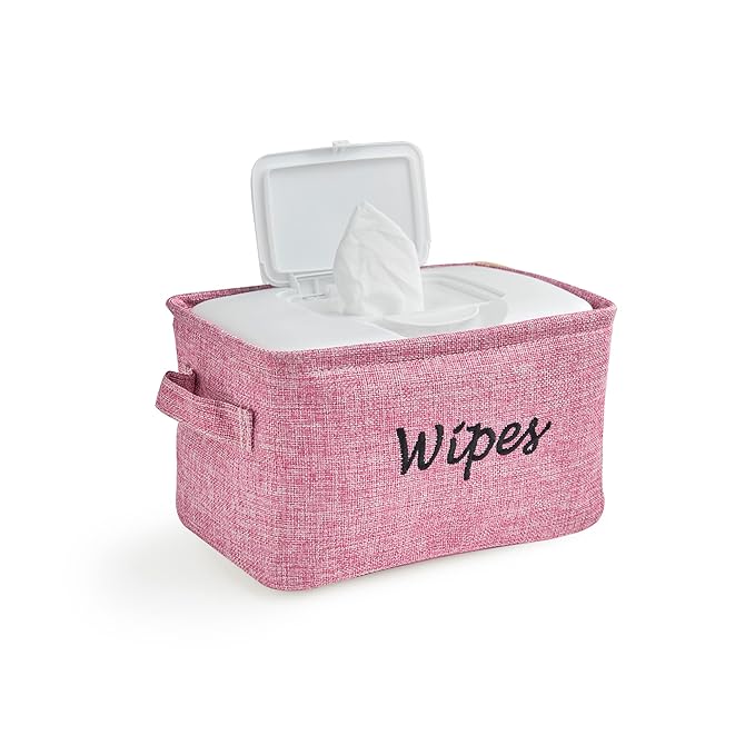 Dejaroo - Baskets for Organizing Wipes and Newborn Essentials, Diaper and Wipes Organizer, Embroidered Baby Shower Gifts for Moms, Linen Basket with Handle, 9 x 6 x 5.5 Inches, Pink
