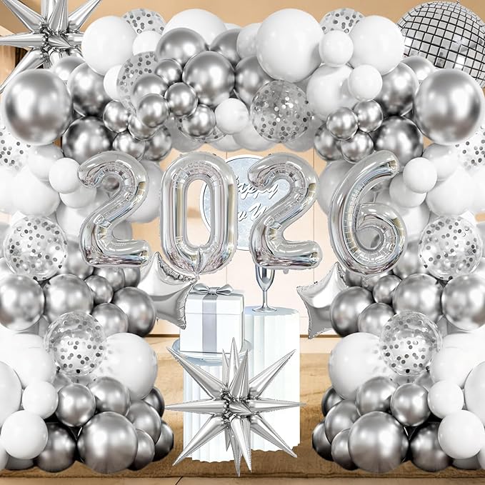 2026 New Year Balloons Disco Party Balloon Garland Arch Kit Metallic Silver White Balloons New Years Eve Decorations 2026 Foil Balloon for New Year Party Decorations