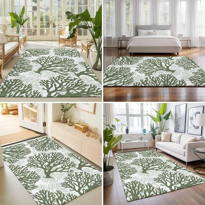Area Rug 9x12ft, Deep Forest Green Corals Washable Rugs for Living Room Bedroom Rectangle Floor Carpet, Retro Marine Life Soft Non-Slip Area Rugs for Dining Room