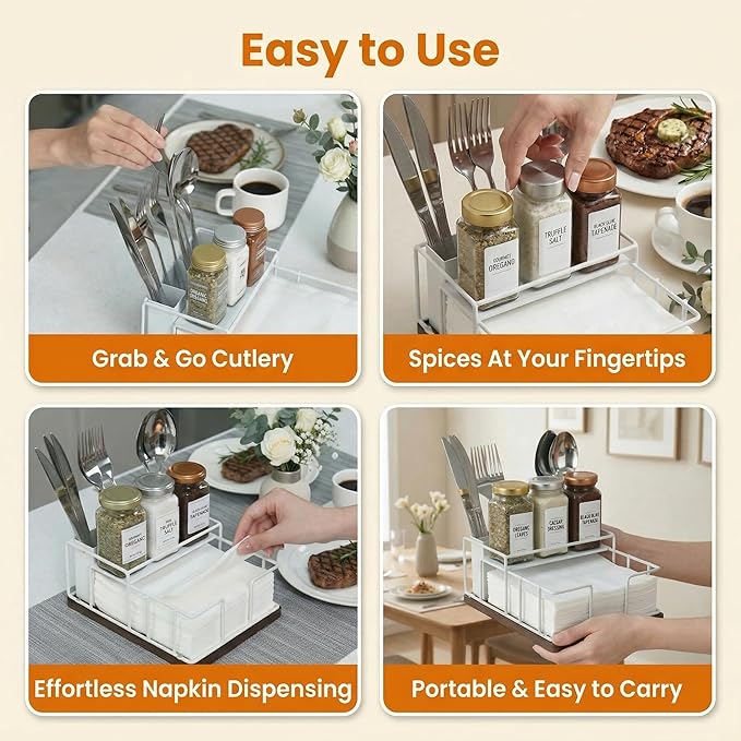 Napkin Holder for Table, 3-in-1 Wood & Metal Utensil Caddy, Cutlery Organizer & Spice Rack for Kitchen Counter, Dining, Outdoor Patio (White)