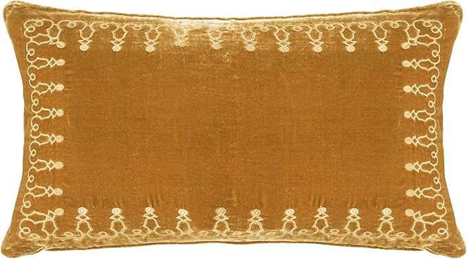 HiEnd Accents Stella Faux Silk Velvet Embroidered Lumbar Pillow, 14x24 inch, Saffron, Romantic Western Modern Traditional Style Luxury Bedding, Decorative Throw Pillow