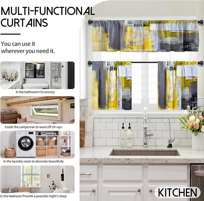 MCALK Grey Yellow Blackout Kitchen Curtains Tiers and Valances for Windows Modern Abstract Art, Contemporary Trendy Valances for Living Room (36" Tiers Set)