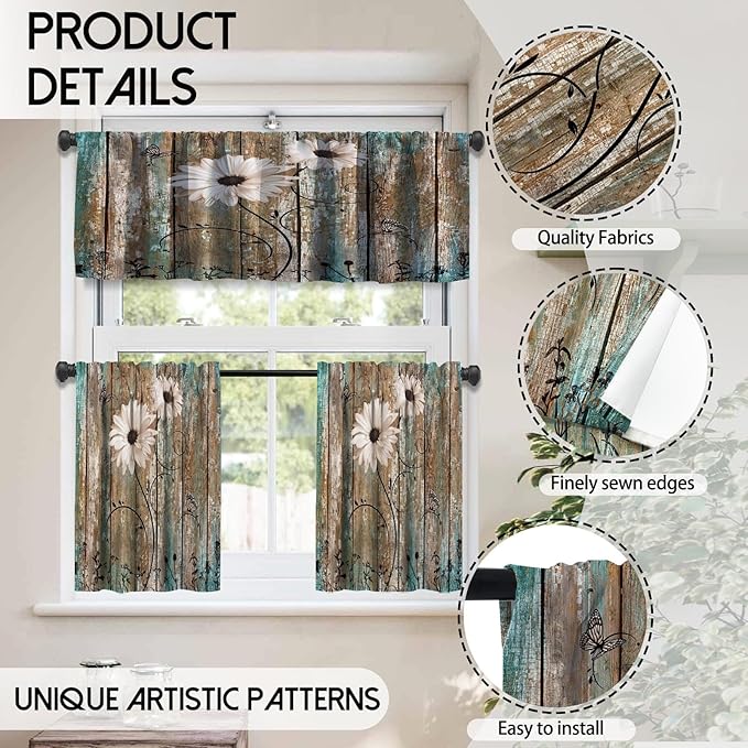 MCALK Floral Blackout Kitchen Curtains Tiers and Valances - 3 Piece Set for Windows, Butterfly Pattern, Farmhouse Wooden Texture Valances for Living Room (36" Tiers Set)