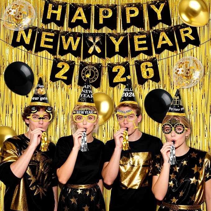 59PCS Happy New Year Party Supplies 2026-New Year Decorations 2026 with Happy New Year 2026 Banner Balloon Paper Glasses Cone Hat Fringe Curtains for Black Gold Happy New Years 2026 Decorations